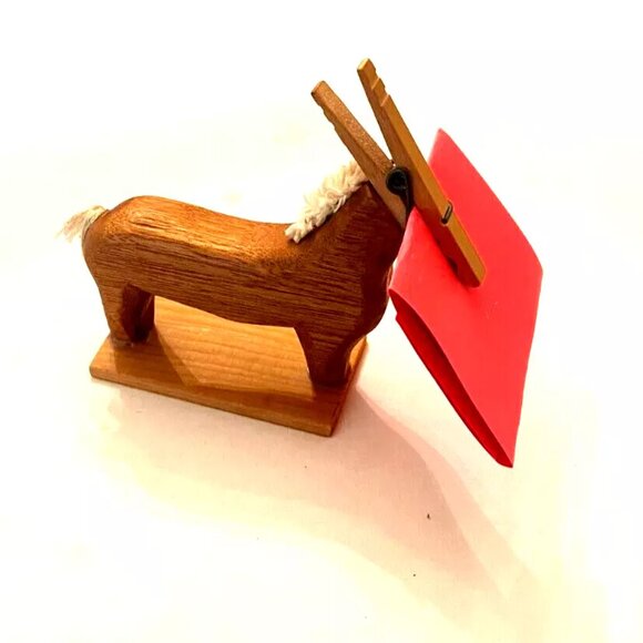 Vintage Wooden Donkey Recipe Note Card Photo Holder Clothespin Threaded Tail 6" - Picture 1 of 6